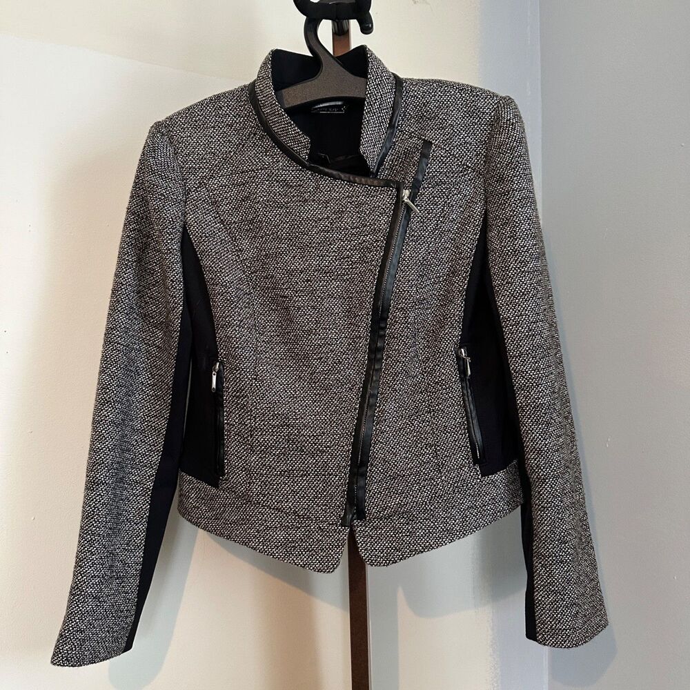White House Black Market Tweed Moto Jacket Women Size 6 Black White Faux Leather